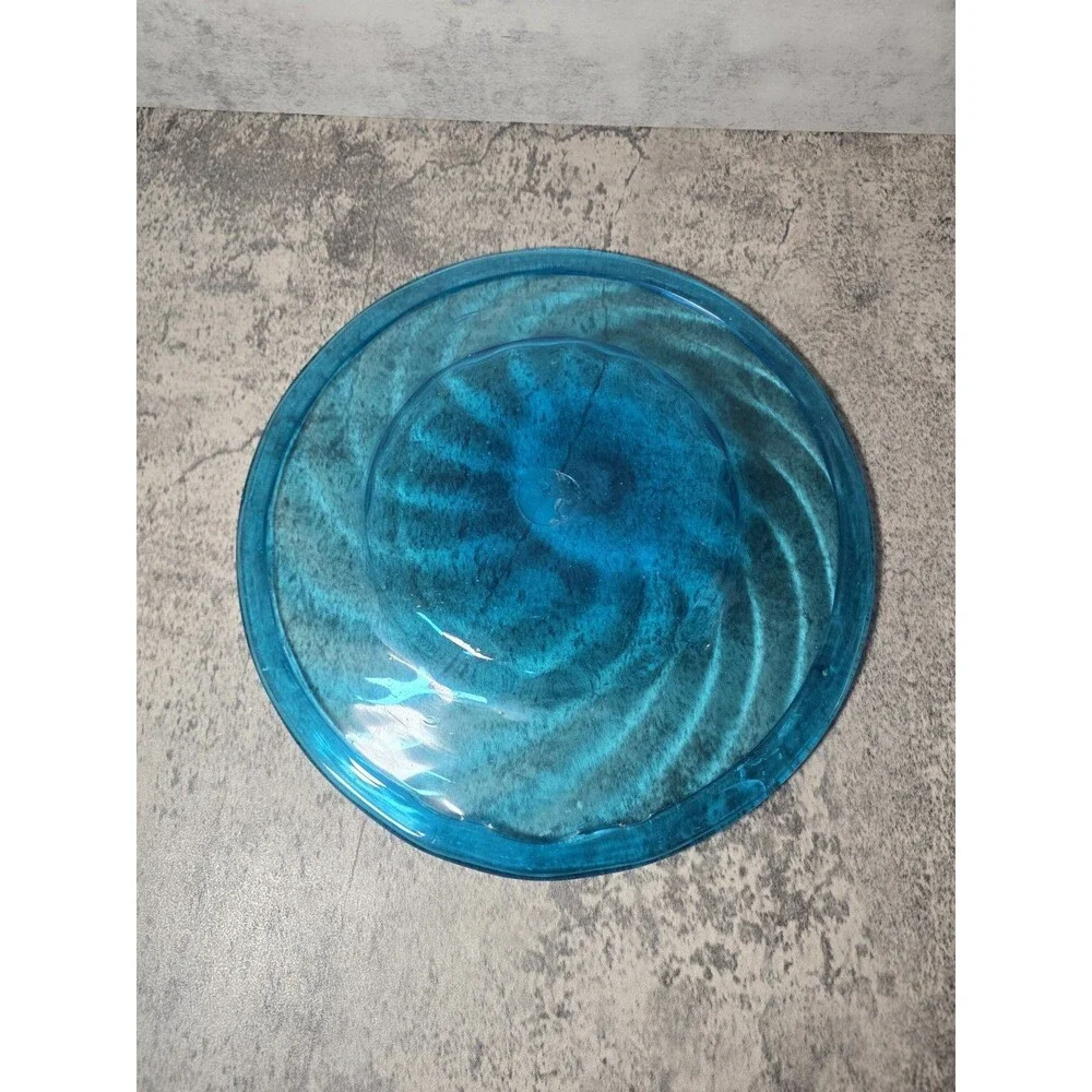 RARE 10” Blown Aqua Blue Glass Shallow Bowl With  Optic Swirl/Folded Rim Vintage